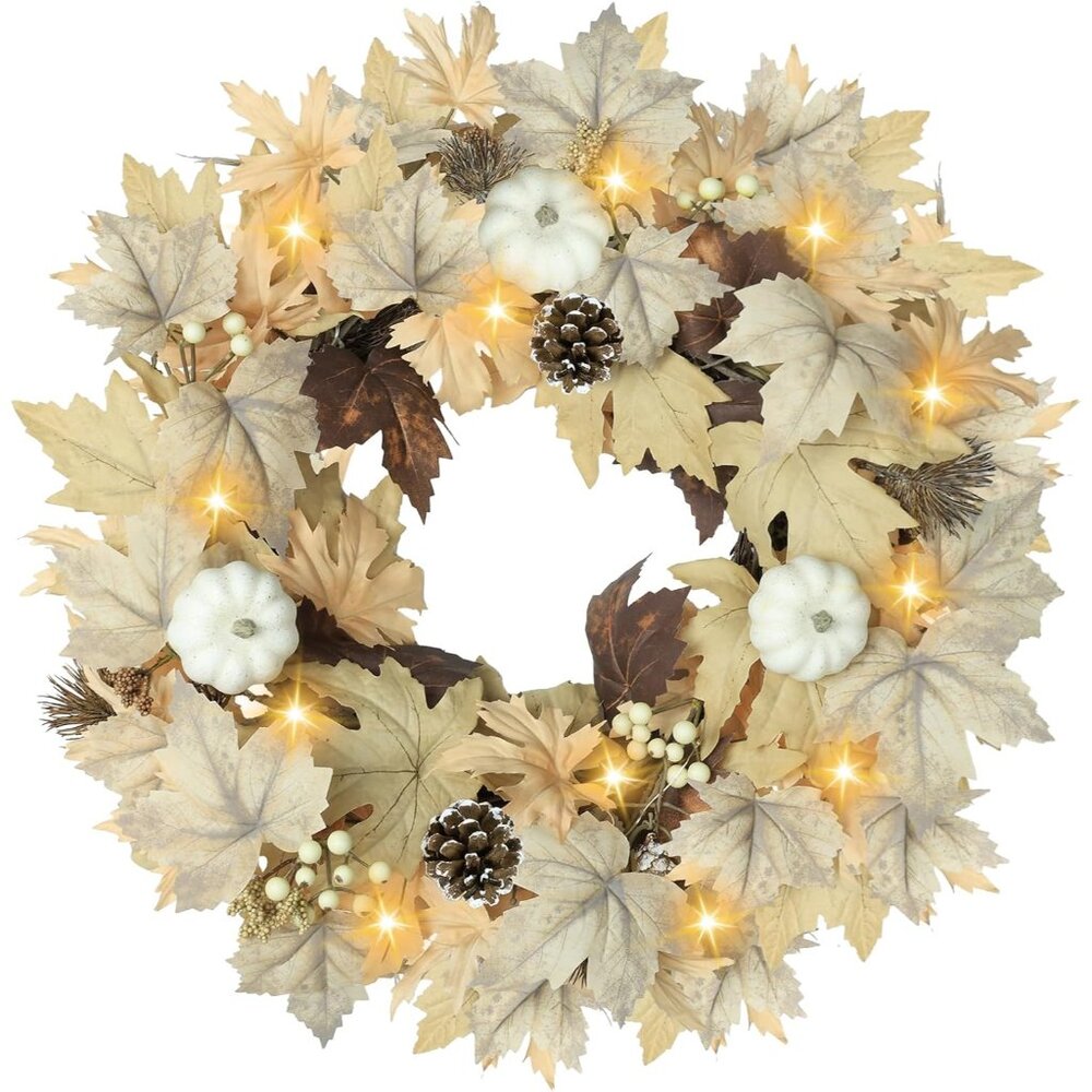 Realistic Fall Wreath with Lights, 22" Fall Wreaths for Front Door with Pumpkins